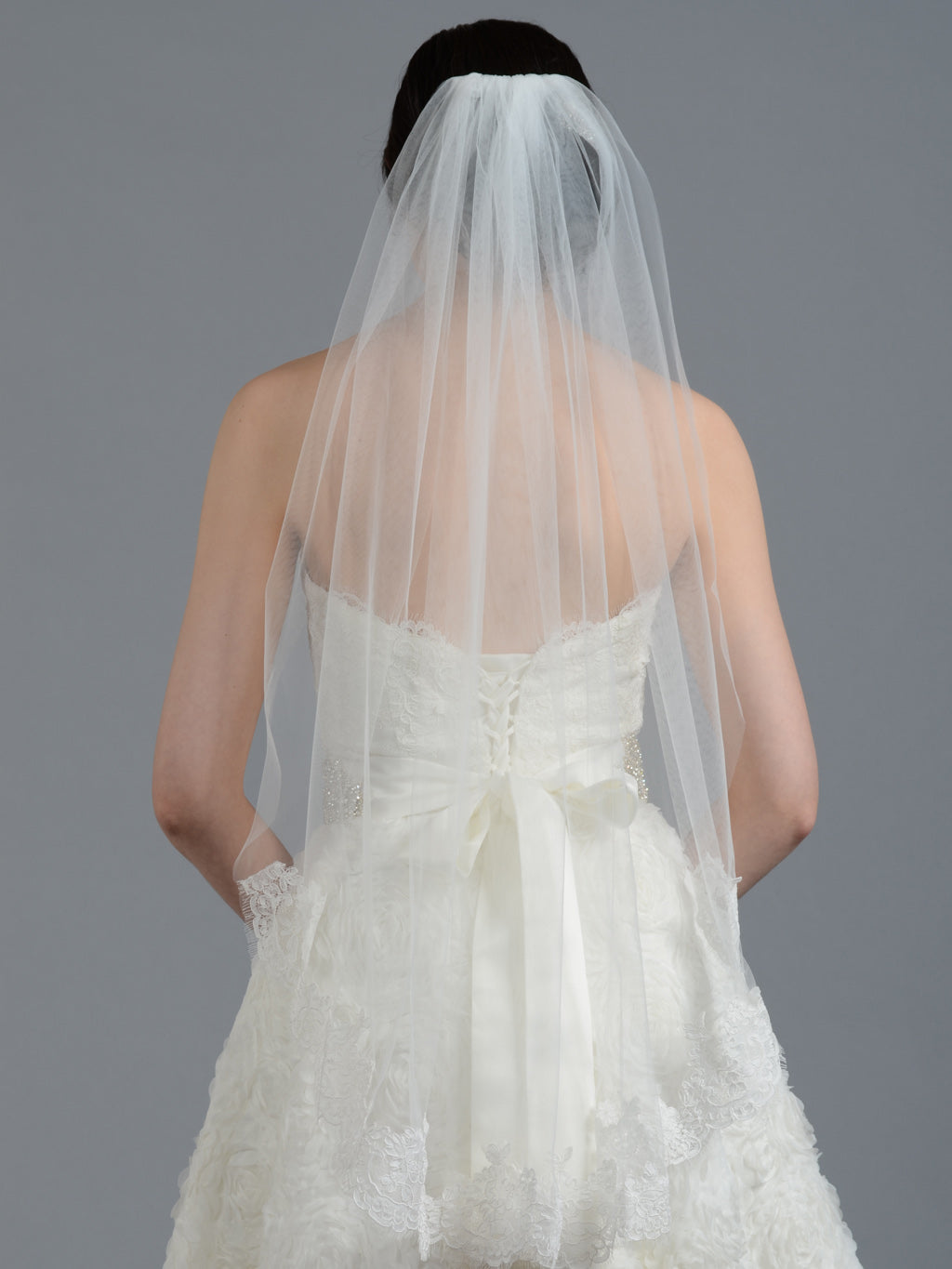 Ivory elbow alencon lace wedding veil V043