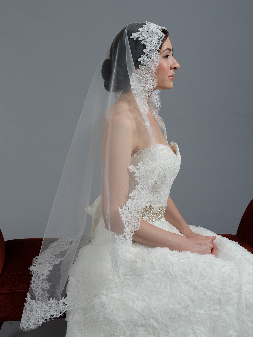 Alencon Lace Edge Cathedral Tulle Ivory Wedding Veil, Simple Long Bridal  Veil – Simibridaldresses