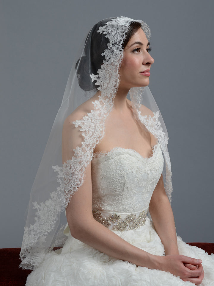 Ivory wedding veil alencon lace V045