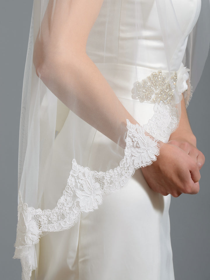 Ivory elbow alencon lace wedding veil V049