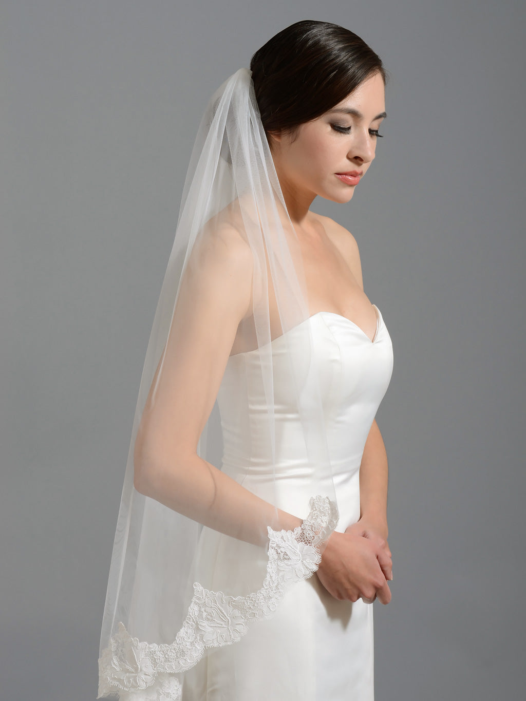 Ivory elbow alencon lace wedding veil V049