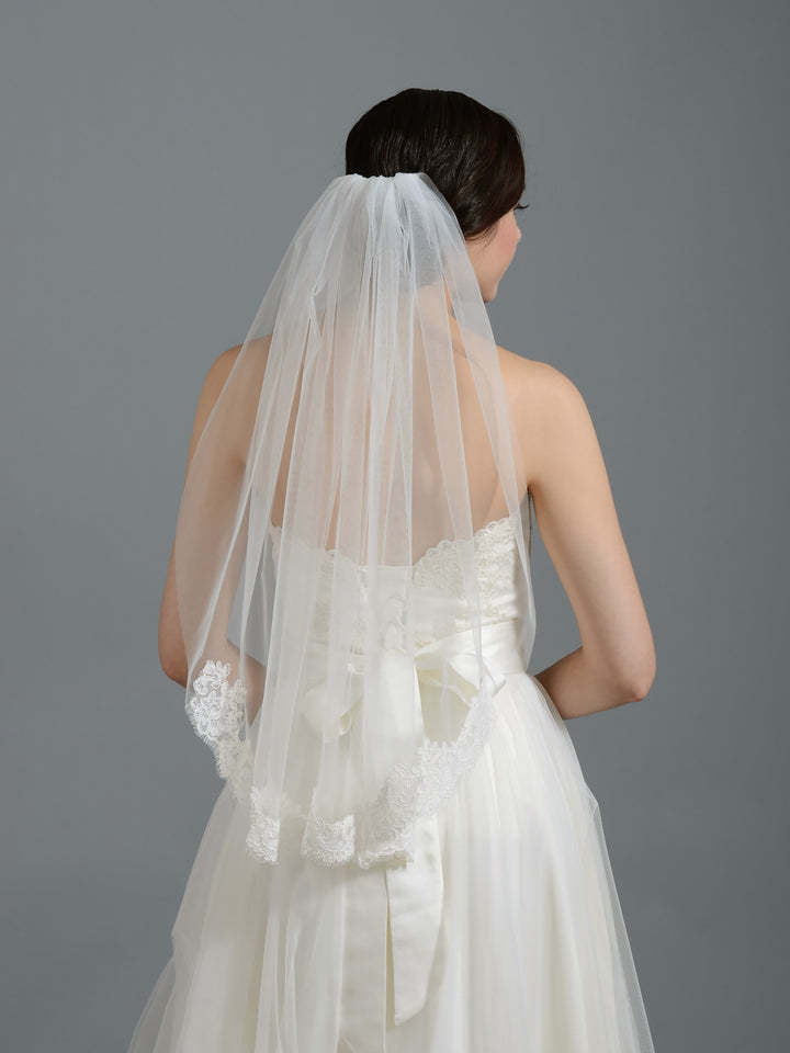 Ivory short elbow alencon lace wedding veil V050