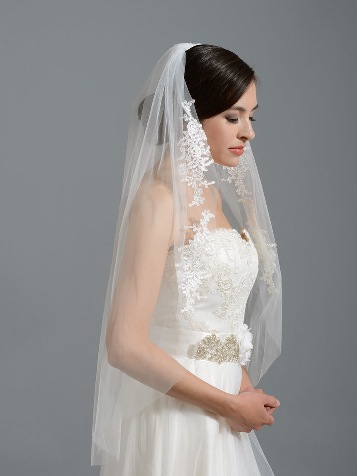 Ivory elbow wedding veil V051 alencon lace