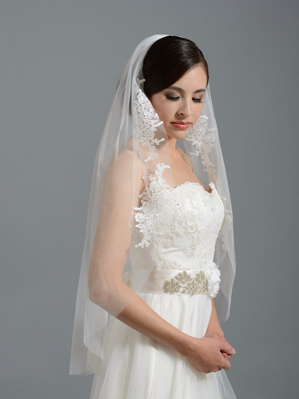 Ivory elbow wedding veil V051 alencon lace