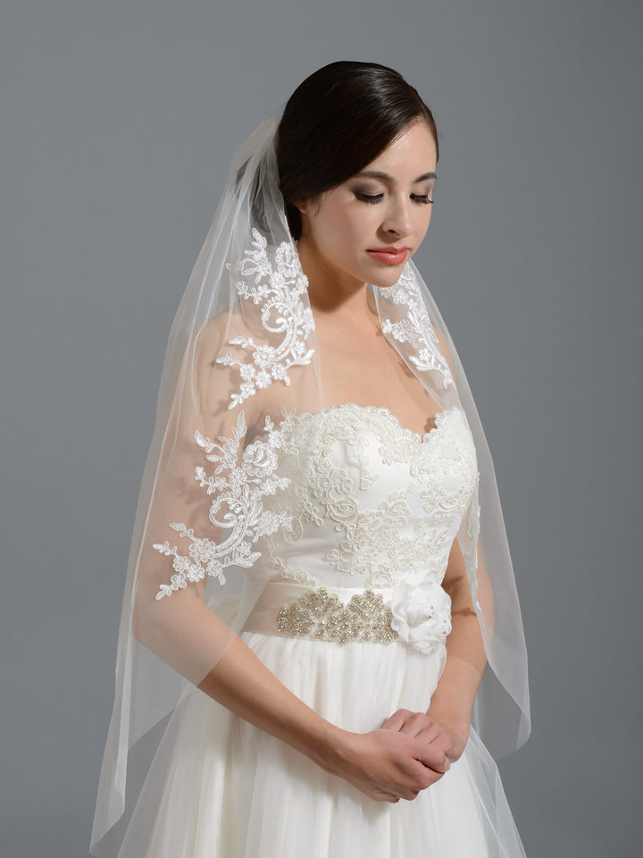 Ivory elbow wedding veil V051n alencon lace