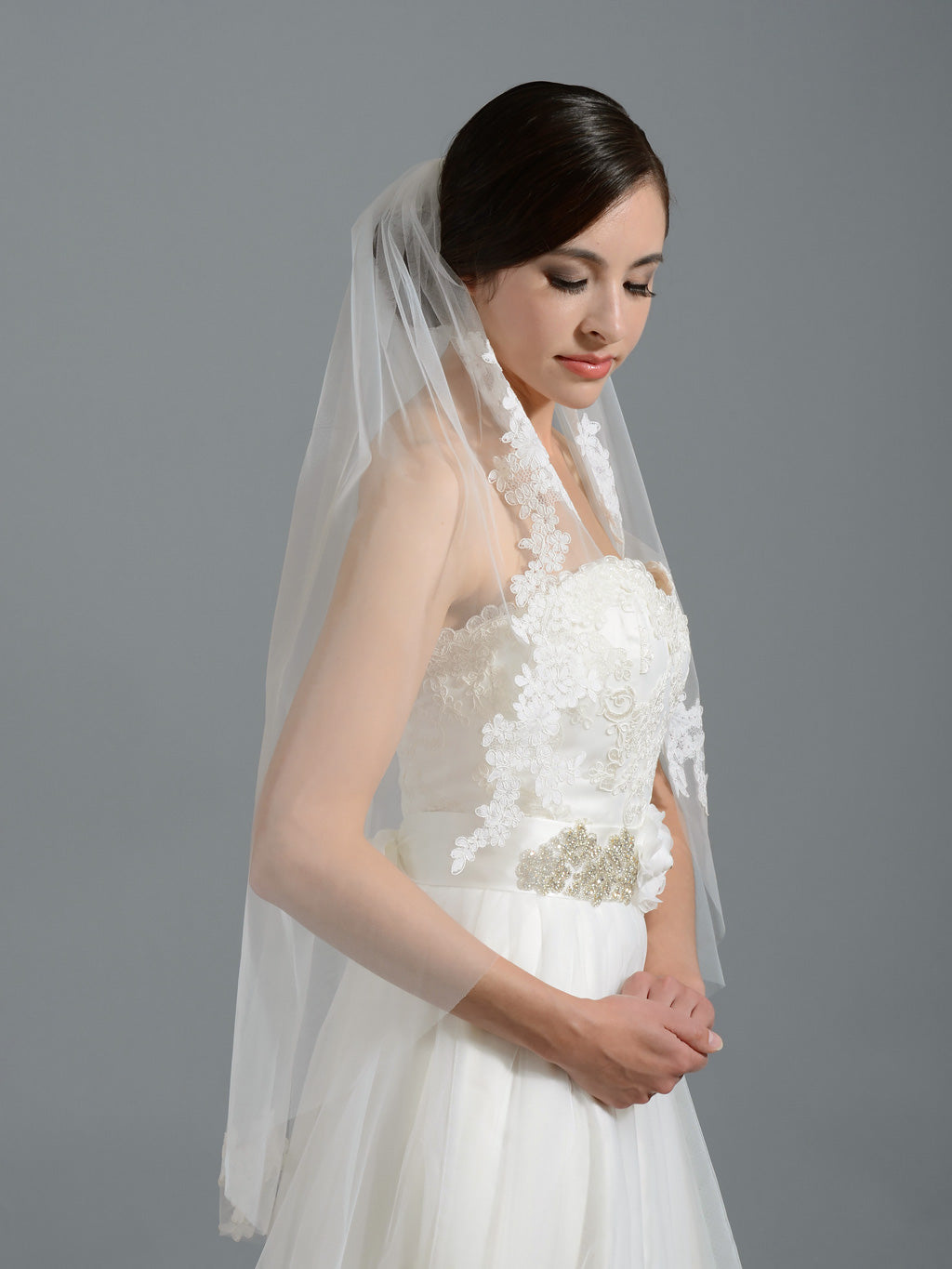 Ivory elbow wedding veil V052 alencon lace