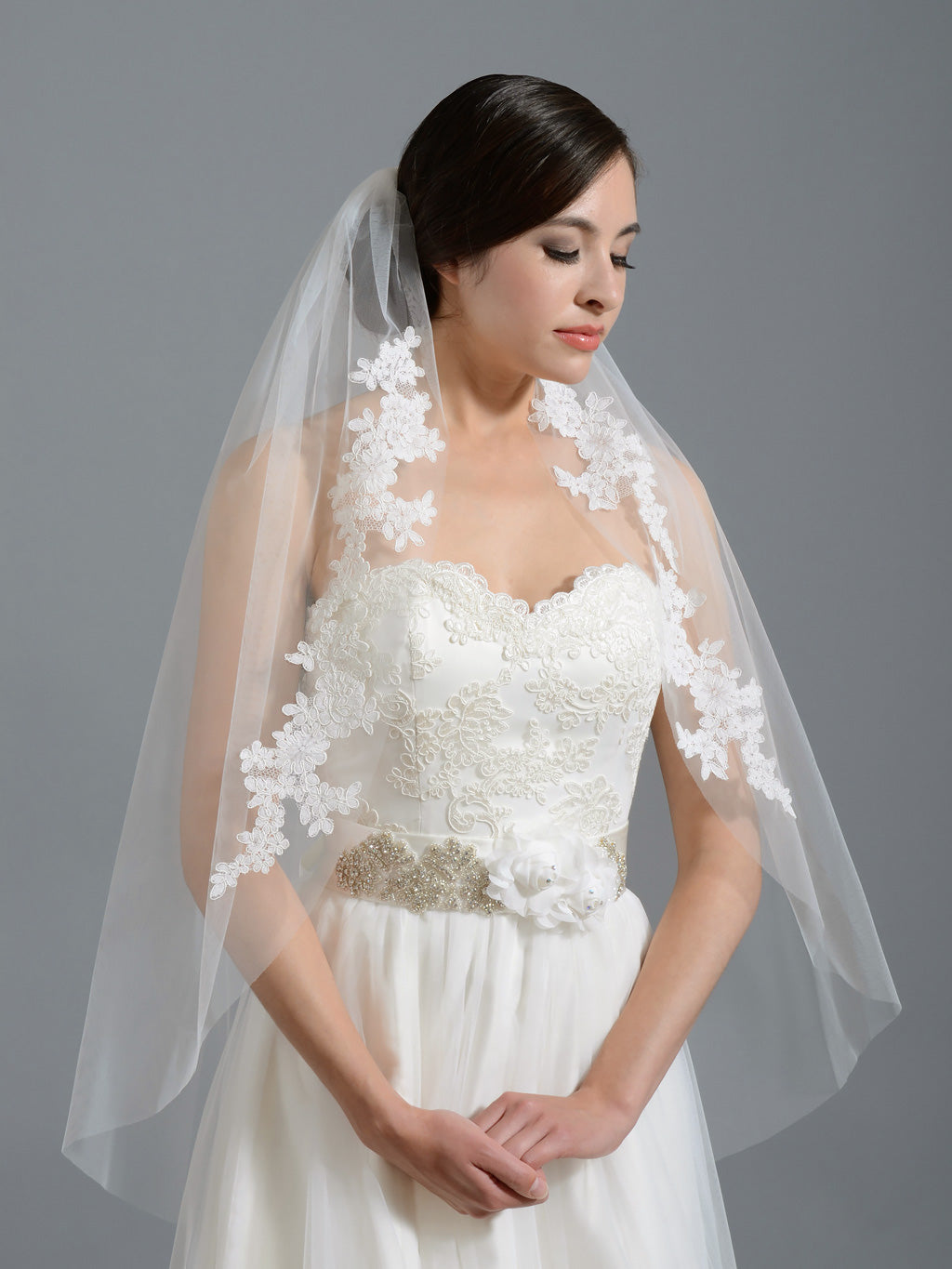 Ivory elbow wedding veil V052 alencon lace